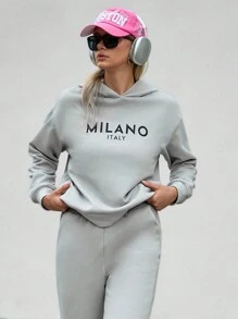 SHEIN Unity Felpa con cappuccio a maniche lunghe con grafica a lettere e spalle scoperte, termica, per l'autunno - Grigio - Visualizzare 5