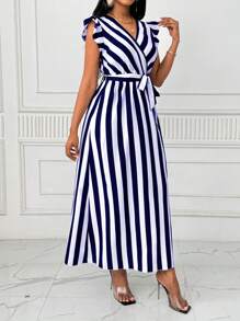 Xyvia 女式 V 领束腰宽裙长裙，带蝴蝶结，黑白竖条纹，长袖超长女装