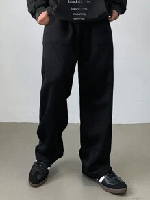 DAZY Men's Plain Drawstring Waist Fleece Pants, Autumn/Winter Men Joggers - Black - View 6