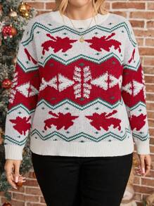 SHEIN LUNE Plus Size Winter Round Neck Long Sleeve Graphic Detailed Casual Knit Top Sweater