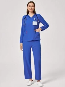 TaskEZ Conjunto de uniforme de trabajo de blusa de manga larga con bolsillo y cuello en V en contraste, y pantalones