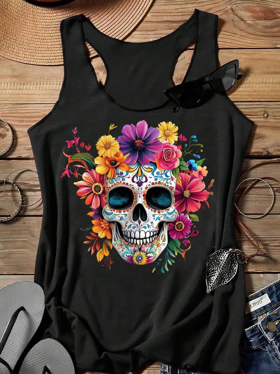SHEIN Attitoon Women's Day Of The Dead Floral Skull Graphic Casual Tank Top, Summer - Black - View 1