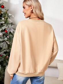 SHEIN Essnce Christmas Squirrel Light Shirt, Christmas Sweatshirt, Fun Christmas Sweatshirt, Christmas Gift Shirt, Family Christmas Shirt,Christmas Casual Minimalist Graphic Printed Crew Neck Loose Fit Women Sweatshirt, Autumn/Winter - Apricot - View 2
