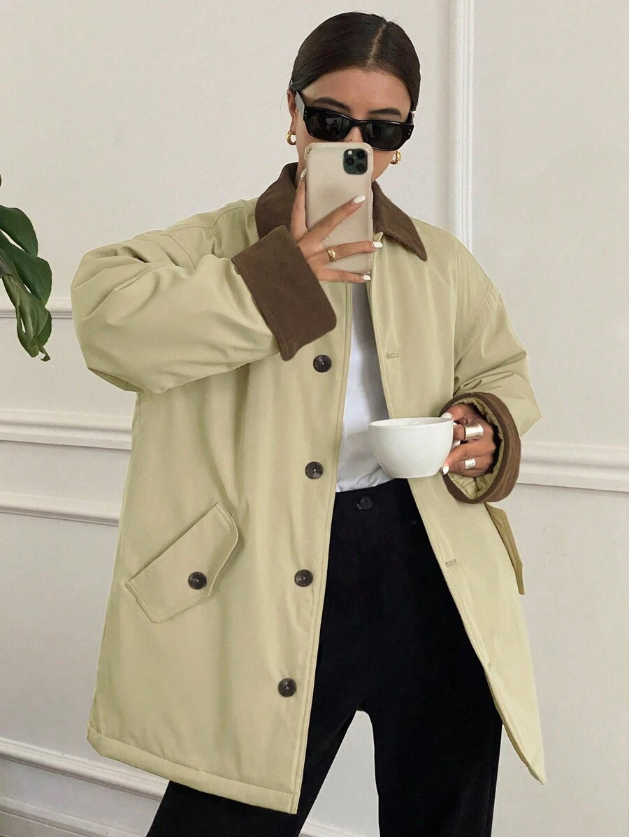 DAZY 女士拼色宽松长袖翻领口袋棉服外套，冬季女装，冬季外套女夹克