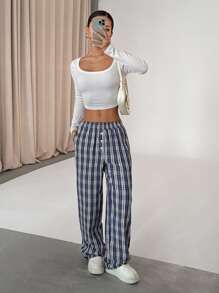 Flirla Women's Fashionable Loose Plaid Straight Leg Pants, Casual Wear