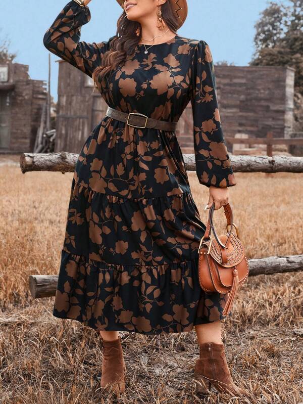 SHEIN VCAY Plus Size Round Neck Leaf Silhouette Floral Print Long Sleeve Layered Dress, Casual Boho Chic Holiday Dress For Autumn/Winter