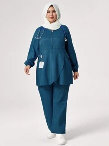 TaskEZ Plus Size Solid Color Front Zipper Long Sleeve Top And Pants Nursing Uniform Scrub Set