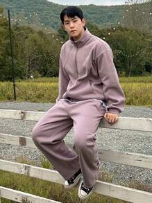DAZY 秋季男士纯色保暖内衬运动衫套装 - 紫色 - 查看 1