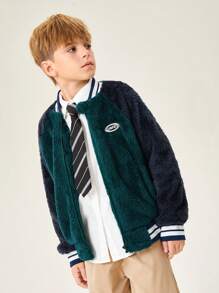 SHEIN Tween Boys' Casual Colorblock Ribbed Fleece Baseball Jacket, Autumn/Winter - Dark Green - View 5