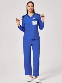 TaskEZ Conjunto de uniforme de trabajo de blusa de manga larga con bolsillo y cuello en V en contraste, y pantalones