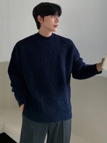DAZY 男士纯色圆领长袖基本款毛衣，秋季休闲装 - 藏蓝色 - 查看 5
