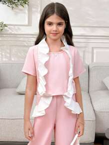 SHEIN 2pcs Tween Girls Casual Contrast Color Ruffle Collar Shirt & Ruffle Hem Pants Set