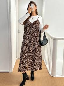 SHEIN Essnce Plus Size Plain Crew Neck Long Sleeve Shirt And Casual Leopard Print Dress 2 Pieces Set