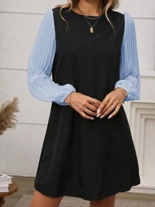 SHEIN Clasi 女士拼色圆领灯笼袖秋季连衣裙 - 藍色 - 查看 6