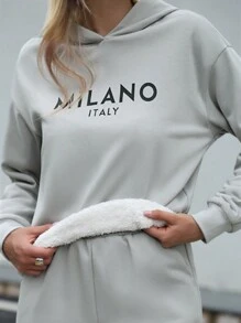 SHEIN Unity Felpa con cappuccio a maniche lunghe con grafica a lettere e spalle scoperte, termica, per l'autunno - Grigio - Visualizzare 2