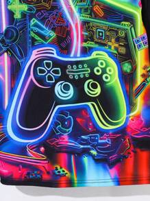 SHEIN Tween Boy 夜光彩色游戏手柄印花长袖 T 恤，适合秋春季户外玩耍、学校、街头摄影、派对和休闲穿着，性价比高