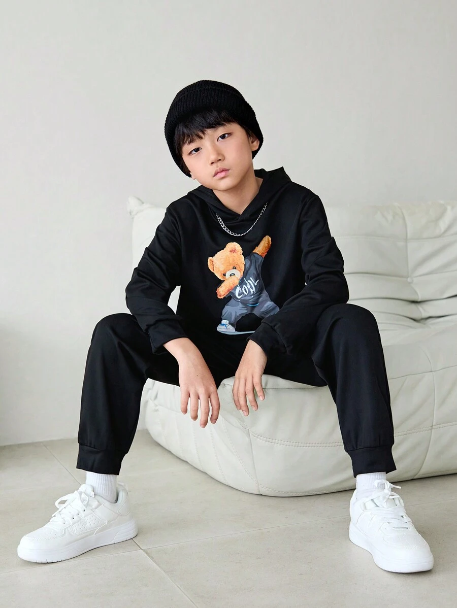 SHEIN Boys Cartoon Graphic Hoodie & Joggers - Black - View 1