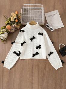 Gestrickter Tween Kleine Mädchen-Cardigan im Stricktrend für Musikfestivals, lässig, bequem, süß, kurz, geeignet für Party, Reise, Picknick, Einkaufen, Schule, Tween Kleine Mädchen Rundhals-Pullover mit 3D-Schleife, Tween Kleine Mädchen Herbst- und Wintermode handgemachter Schleifen-Pullover mit langen Ärmeln, hohem Kragen und kurzer Passform, geeignet für Spät-Herbst und Winter, aufgeblähte Ärmel, süß und niedlich