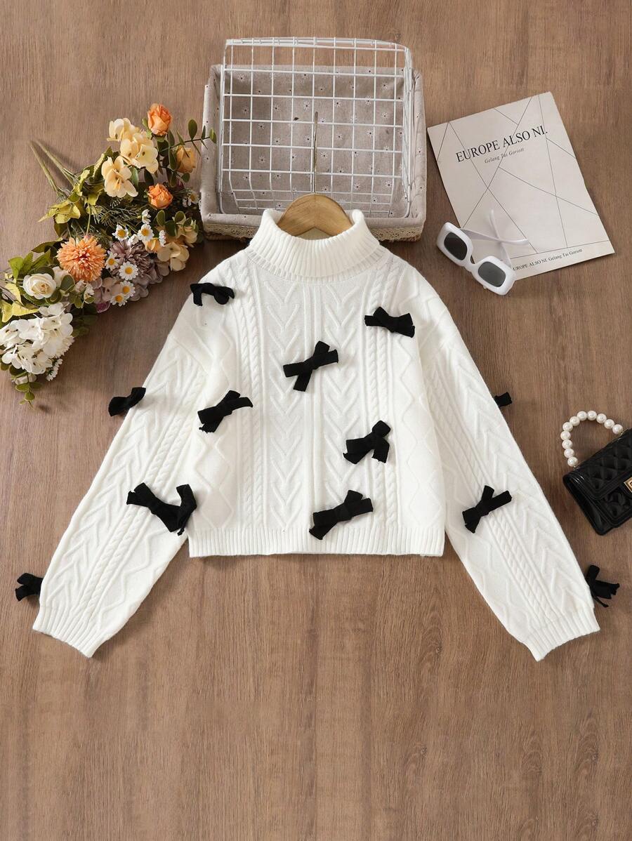 Gestrickter Tween Kleine Mädchen-Cardigan im Stricktrend für Musikfestivals, lässig, bequem, süß, kurz, geeignet für Party, Reise, Picknick, Einkaufen, Schule, Tween Kleine Mädchen Rundhals-Pullover mit 3D-Schleife, Tween Kleine Mädchen Herbst- und Wintermode handgemachter Schleifen-Pullover mit langen Ärmeln, hohem Kragen und kurzer Passform, geeignet für Spät-Herbst und Winter, aufgeblähte Ärmel, süß und niedlich