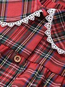 DAZY Cute Christmas Plaid Peter Pan Collar Ruffle Splicing Pajama Set, Fall Winter Clothes