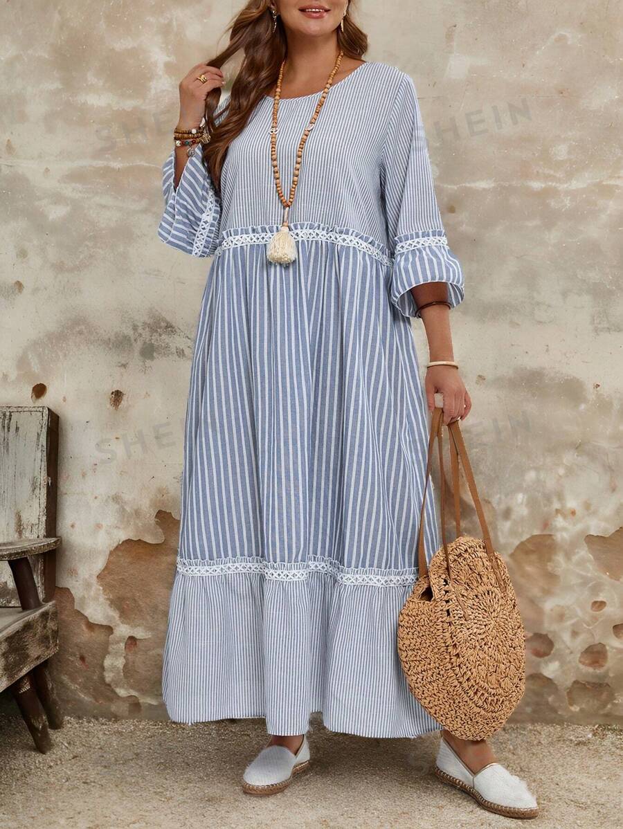 EMERY ROSE Vestido casual largo y holgado con cuello redondo, mangas acampanadas y dobladillo con volantes, ropa de mujer de talla grande para el invierno y vacaciones - Celeste - Ver 1