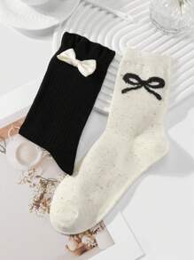 2 Pairs Women's Soft, Breathable, Cute & Simple Korean/Japanese Style Black + Beige Polka Dot Bow Crew Socks, Perfect For Women And Girls, Daily Wear, Gift Box Packaging - Black and White - View 8