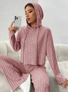 SHEIN PETITE 2件組女款休閒套裝，純色落肩長袖連帽上衣與抽繩長褲，秋季，小個女款 - 淺粉色 - 查看 6