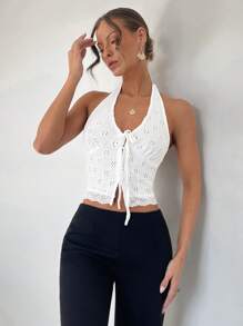 SHEIN Unity Top de tirantes de mujer con cuello halter, en tela texturizada de unicolor con inserto de encaje - Blanco - Ver 5