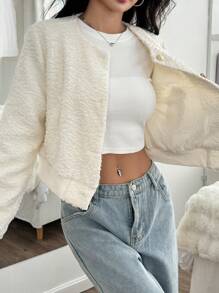 SHEIN EZwear 女式休闲纯色纹理短款夹克，秋季 - 杏色 - 查看 6