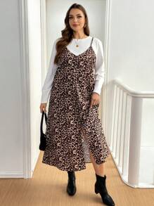 SHEIN Essnce Plus Size Plain Crew Neck Long Sleeve Shirt And Casual Leopard Print Dress 2 Pieces Set