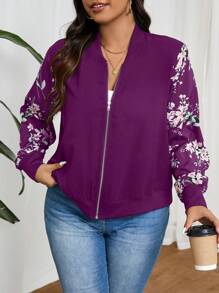 SHEIN Frenchy Plus Size Floral Print Splicing Baseball Jacket