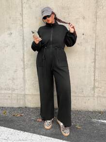 SHEIN EZwear Plus Size High Waist Fleece Jumpsuit, Thick For Autumn And Winter - Black - View 4