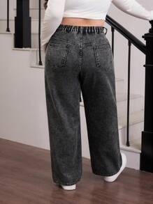 SHEIN EZwear Plus Size Casual Washed Mid-Rise Straight Leg Jeans