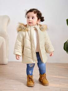 SHEIN Baby Girls Cute Warm Thermal Lined Solid Color Hooded Padded Coat, Autumn/Winter
