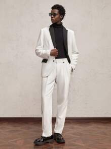 AKNOTIC Formal Set de chaqueta y pantalón de traje de manga larga con cuello de solapa y bloqueo de color para hombre, adecuado para otoño - Blanco y Negro - View 7
