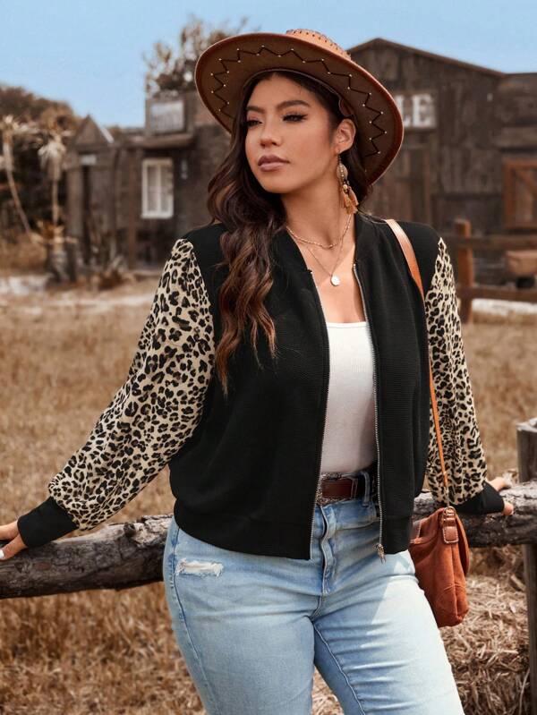 SHEIN VCAY Jacke im Baseball-Stil in Große Größen mit Leoparden-Muster Patchwork Ärmel