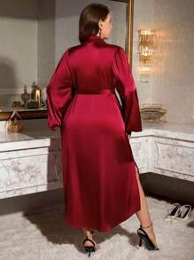 SHEIN Essnce Plus Size Women's Spring And Summer Fall Women Dresses Christmas Women Clothes Party Women Dresses Formal Women Dresses Formal Dress Christmas Women Dress New Year Eve Dress Red Christmas Dress Christmas Dress Business Casual Women Elegant Women Dresses Holiday Dress Thanksgiving Dress Thanksgiving Outfit Christmas Party Dress Fashionable And Elegant Party Satin Long Shirt Dress, Pocket Dress, Burgundy Dress Women Blouses Dress