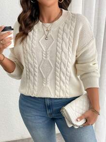 Calvaya Plus Size Women's Solid Color Knitted Long Sleeve Pullover Sweater, For Winter Fall Autumn - Beige - View 8