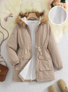 Abrigo medio holgado y cómodo de color beige para niña preadolescente, con capucha forrada y peludo cuello con bolsillos, abrigado para otoño e invierno