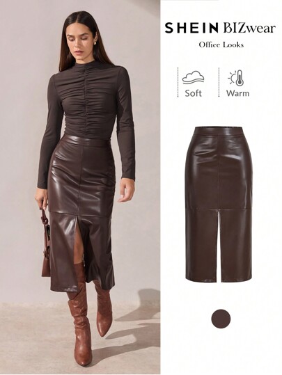 BizChic Falda con abertura alta de PU para mujer, atuendo de oficina casual de negocios para viajes urbanos, vestimenta formal elegante para mujer
