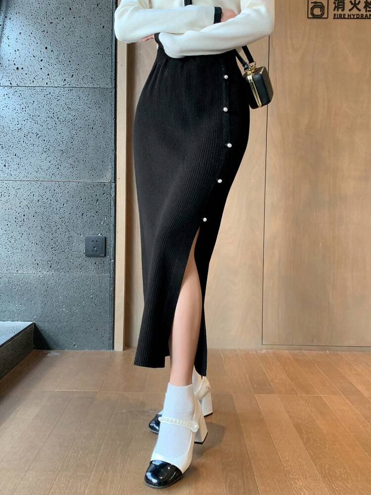 Women Casual Side Slit Knitted Sweater Skirt, Autumn/Winter