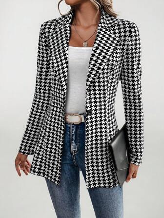 SHEIN Tall Women's Houndstooth Check Waist Slimming Blazer Jacket In Fall/Winter