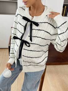 SHEIN Jersey de punto para maternidad, suéter de mujer de manga larga con cuello redondo, parches, moño y rayas para otoño e invierno