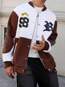 Manfinity Homme Heren Color Block Letter Print Lange Mouw Single-Breasted Casual Baseballjack, Herfst