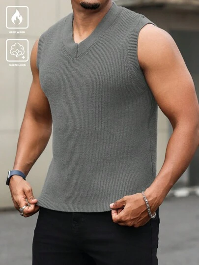 Manfinity Homme Plus Size Men's Plain V-Neck Casual Sweater Vest, Autumn/Winter