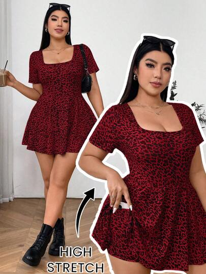 SHEIN EZwear Día de San Valentín, Mono de punto con escote de pico, manga corta, estampado de leopardo y volantes en el bajo para mujer de talla grande, casual y deportivo para escuela, fitness, yoga, uso diario, otoño/invierno/verano