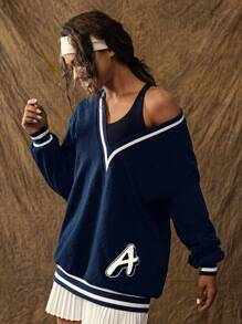 VARSITIE 寒冷冬季服装连帽衫女士纯色拼布长袖休闲运动衫，简约设计，日常穿着 - 藏蓝色 - 查看 1