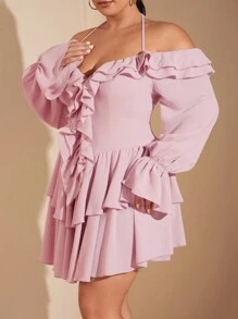 SHEIN BAE 加大码曲线女式优雅派对甜蜜约会生日粉色单肩带荷叶边装饰长袖迷你连衣裙女士连衣裙吊带裙派对连衣裙女士生日服装女士加大码正式礼服鸡尾酒会礼服性感加大码礼服婚礼宾客礼服女士礼服女士优雅圣诞礼服女士万圣节服装女士加大码礼服秋季婚礼服装女士 - 粉色 - 查看 5