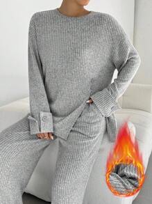 SHEIN Essnce 2pcs Women Autumn Casual Ribbed Knit Long Sleeve Split Hem Top And Pants Set,Casual Two Pieces Set,Women Outfit Sets,Fall Two Pieces Sets,