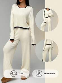 SHEIN EZwear 2pcs Women Casual Contrast Trim Sweater And Pants Set, Spring And Fall - Beige - View 3